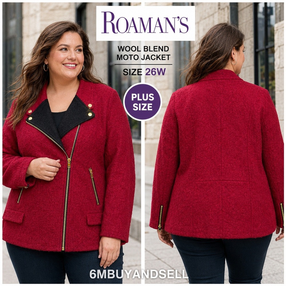 Roamans Wool Blend Moto Jacket Red Black Plus Size 26W Asymmetrical Zip Coat